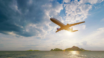 飞机飞行海洋海阳光闪亮的蓝色的天空背景旅行旅程旅游热运输概念插图呈现