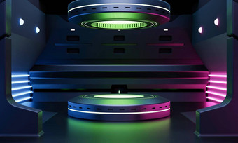 <strong>赛博朋克</strong>科幻产品讲台上展示宇宙飞船绿色蓝色的粉红色的<strong>霓虹</strong>灯照明背景技术对象概念插图呈现