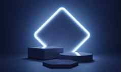 赛博朋克蓝色的空讲台上发光的灯框架黑暗产品演讲技术科幻概念插图呈现