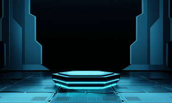 赛博朋克蓝色的空六角讲台上黑暗宇宙飞船发光的光产品演讲技术科幻概念插图呈现