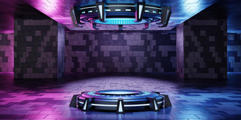 内部宇宙飞船实验室空讲台上室内体系结构发光的霓虹灯赛博朋克产品演讲技术科幻概念插图呈现
