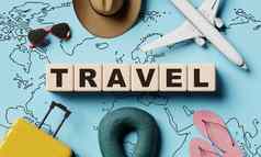 旅行木词块多维数据集蓝色的纸在世界范围内地图旅游热设备背景时尚受欢迎的概念插图呈现