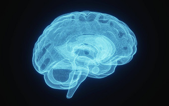 发<strong>光</strong>的x射<strong>线图</strong>像人类大脑蓝色的线框孤立的黑色的背景科学医疗概念一边大脑插图呈现