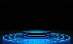赛博朋克蓝色的空讲台上发光的球球环灯黑暗产品演讲技术科幻概念插图呈现