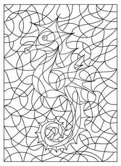 黑色的白色插图染色玻璃风格摘要海马图像着色书着色页面