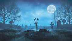 渲染僵尸手爬地面晚上背景月亮墓地