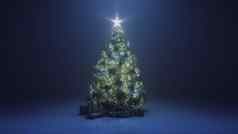 渲染圣诞节树闪亮的明星加兰黑暗下降雪