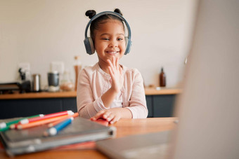 距离学习教育虚拟学生孩子视频调用教训耳机移动PC再见问候手势女孩在线教室在家教育首页