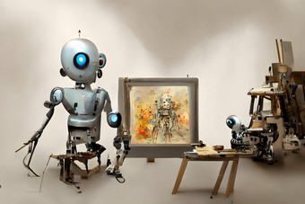 可爱的友好的机器人艺术家工作室画架绘画油漆工作神经网络生成的艺术