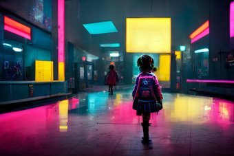 回来面对女孩背包linside霓虹灯光赛博朋克学校大厅神经网络生成的图像