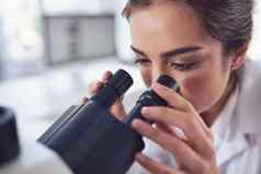 详细的点视图特写镜头集中年轻的女科学家镜头显微镜内部实验室