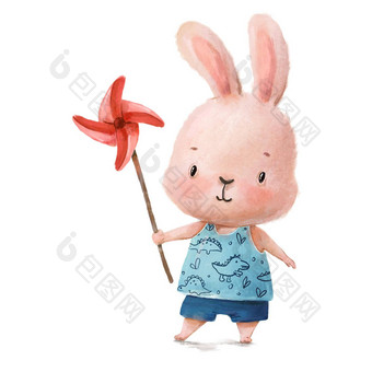 可爱的兔子风微调控制项玩具可爱的毛茸茸的兔子插图托儿所衬衫孩子们服装邀请毛衣服字符孤立的白色