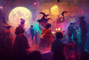色彩斑斓的万圣节室内聚会，派对神经网络生成的图像