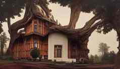 插图房子雕刻巨大的树