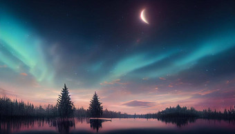 惊人的风景湖布满星星的晚上北部灯数字艺术背景