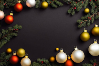 渲染黑色的圣诞节背景金装饰礼物盒子球五彩纸屑圣诞节海报问候卡模板网络横幅模型平躺前视图复制空间高质量照片