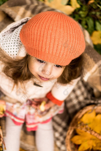 肖像学前教育小女孩橙色贝雷帽黄色的下降叶子篮子包装毯子如痴如梦冷天气秋天公园童年家庭母亲秋天概念