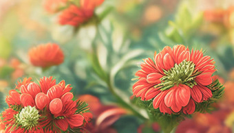 数字艺术背景新鲜的花<strong>菊花</strong>花红色的橙色充满活力的树叶