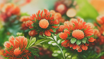 数字艺术背景新鲜的花菊花花红色的橙色充满活力的树叶