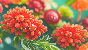 数字艺术背景新鲜的花<strong>菊花</strong>花红色的橙色充满活力的树叶