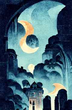 万圣节房子恐怖完整的月亮万圣节主题插图
