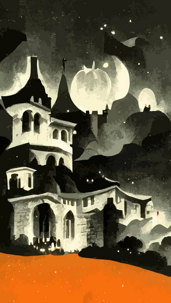 万圣节房子恐怖完整的月亮万圣节主题插图