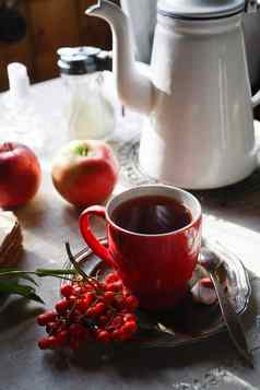 杯茶群红色的罗文金属板秋天早....茶概念