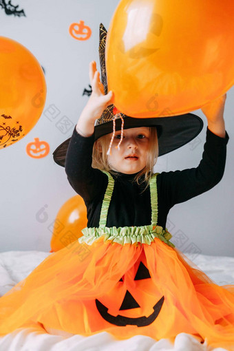 孩子们的万圣节女孩女巫他狂欢节服装艾里橙色黑色的气球首页准备好了庆祝万圣节