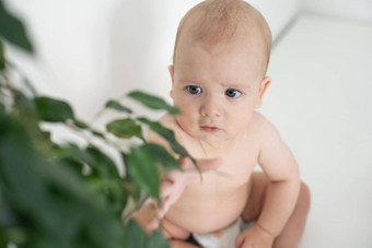 婴儿男孩个月坐着花植物护理婴儿浇水花首页的地方文本