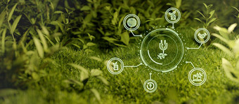 环境、社会和治理图标概念手环境社会治理可持续发展的道德业务网络连接绿色背景插图