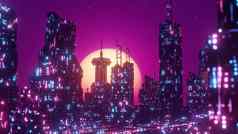 未来主义的城市场景全景晚上城市壁纸背景插图
