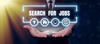 概念上的显示搜索工作业务展示失业机会猎头男人。持有笔平板电脑显示重要的消息的想法