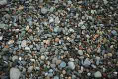 摘要背景纹理随机大小石头彩色的光滑的鹅卵石海滨