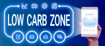 标志显示低碳水化合物区词健康的饮食失去重量吃蛋白质糖免费的商人持有平板电脑发光的数字未来主义的框架