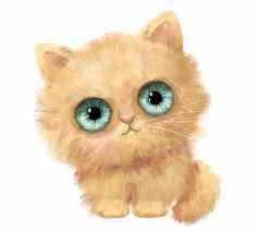 可爱的有趣的毛茸茸的坐着猫大蓝色的眼睛水彩字符插图孤立的白色背景