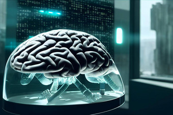 人类大脑透明的容器内部青色照亮服务器房间<strong>神经网络</strong>生成的艺术
