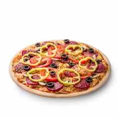 美味的意大利披萨番茄意大利辣香肠蘑菇前视图孤立的白色背景