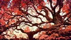 渲染异常巨大的橡木树叶子颜色深红色的