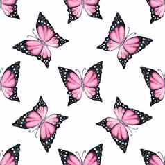 水彩粉红色的蝴蝶无缝的模式白色