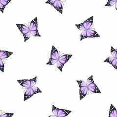 水彩紫色的蝴蝶无缝的模式白色