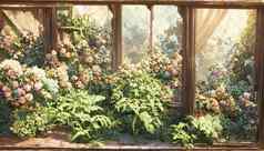 渲染小屋窗口花园院子里葡萄树艾薇日益增长的墙