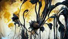 摘要向日葵撕裂分开壁纸黑色的油漆插图