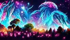 渲染色彩斑斓的生物荧光植物幻想森林水晶路径史诗景观背景