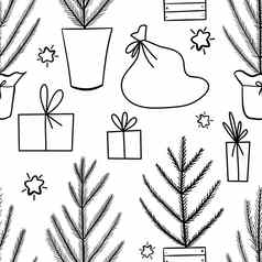 手画黑色的白色无缝的模式圣诞节冬天树饰品北欧斯堪的那维亚一年12月简单的行极简主义设计可爱的织物打印卡通涂鸦风格