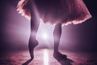 关闭芭蕾舞舞者实践练习黑暗阶段工作室女人的脚尖端鞋子芭蕾舞女演员显示经典芭蕾舞没有慢运动耀斑拍摄