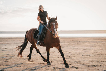 骑手教练走马种马自然河女人骑马奔驰太棒了秋天场景