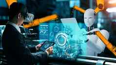 电脑化行业机器人人类工人工作未来工厂