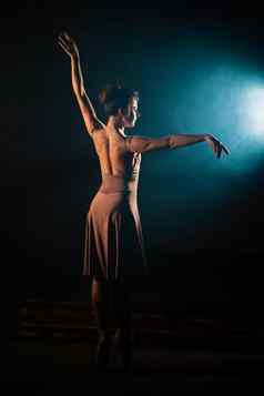 优雅的芭蕾舞女演员衣服跳舞元素经典现代芭蕾舞黑暗照明灯背光烟黑色的背景艺术概念