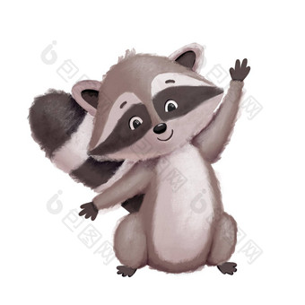 有趣的可爱的卡通浣熊挥舞着手手画插图小浣熊字符孤立的白色