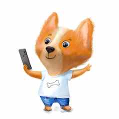 可爱的狗威尔士矮脚狗采取自拍动物字符小狗牛仔裤t恤电话手手画插图孤立的白色